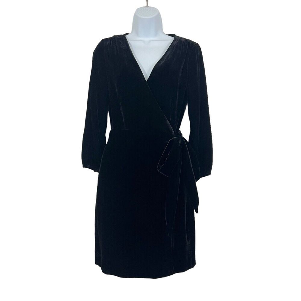 J. Crew Womens Size 00 Black Velvet Wrap Party Dress Tie Waist Long Sleeve